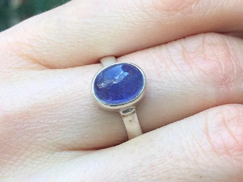 Gemstone engagement rings for women -Genuine Tanzanite Ring - Blue Bezel Ring - Vintage Solitaire Ring