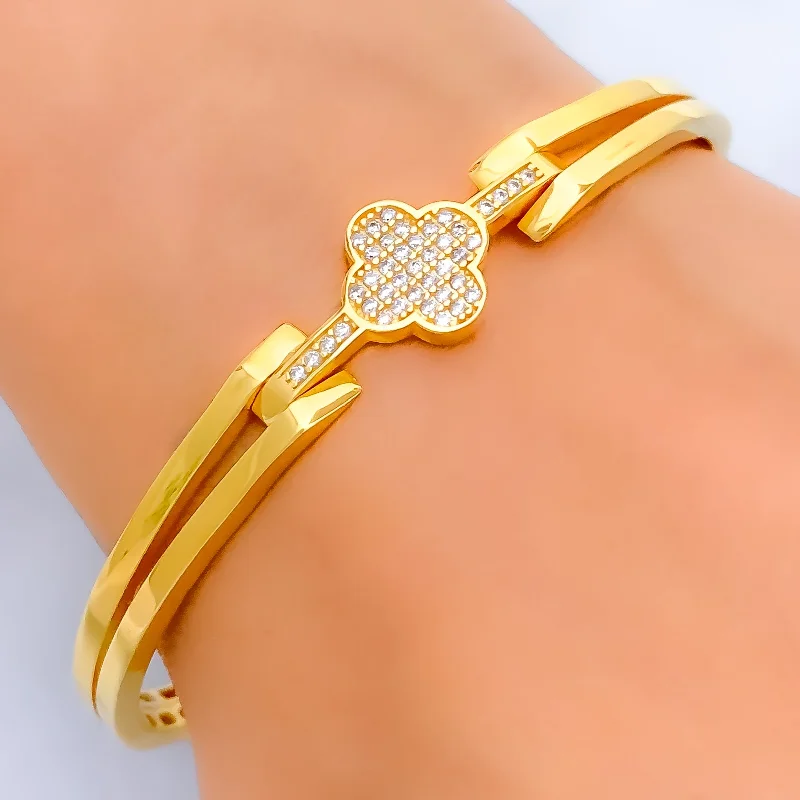 Crystal charm bracelets for women -Elegant Sparkling 22k Gold Clover CZ Bangle Bracelet