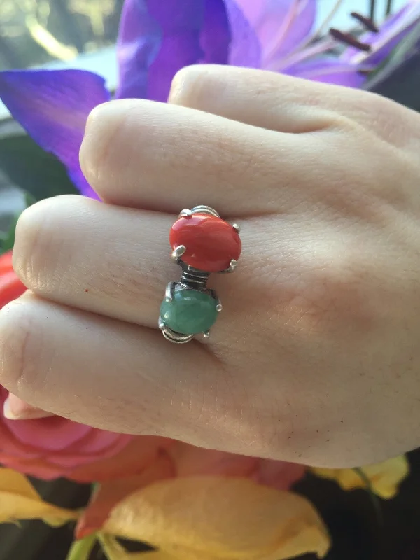 Gemstone rings for women -Red Coral Ring - Two Stone Ring - Emerald Statement Ring