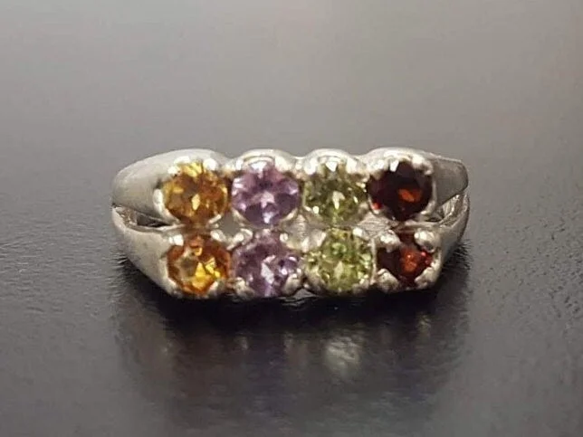 Gemstone engagement rings for women -Colorful Multistone Ring - Natural Gemstones Ring - Vintage Double Band