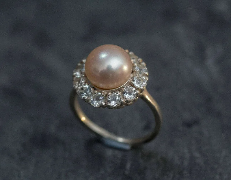 Stackable gold rings for women -Real Pearl Ring - Victorian Flower Ring - Vintage Cocktail Ring