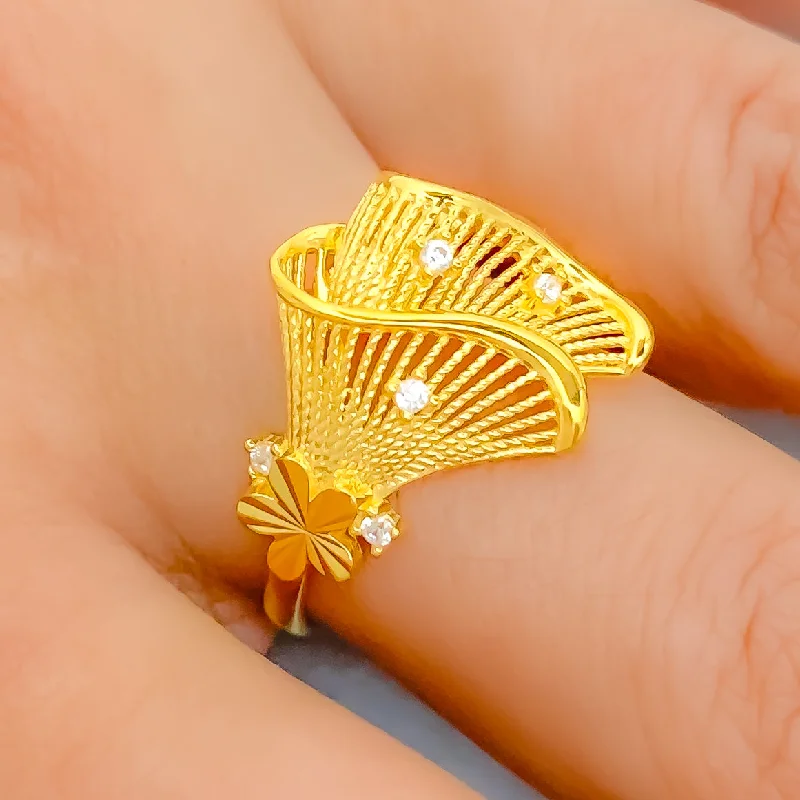 Fashion rings for women -Fancy Asymmetrical 22K Gold CZ Curved Ring