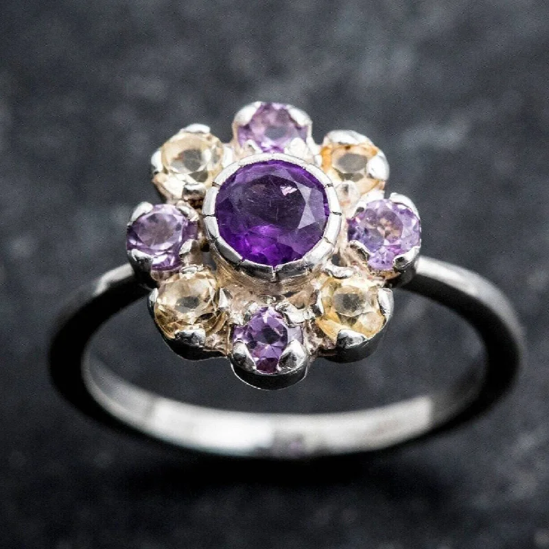 Vintage rings for women -Amethyst Flower Ring - Purple Vintage Ring - Multistone Flower Ring