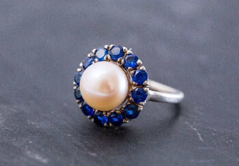 Promise rings with diamonds for women -Victorian Pearl Ring - Sapphire Flower Ring - Pearl Statement Ring