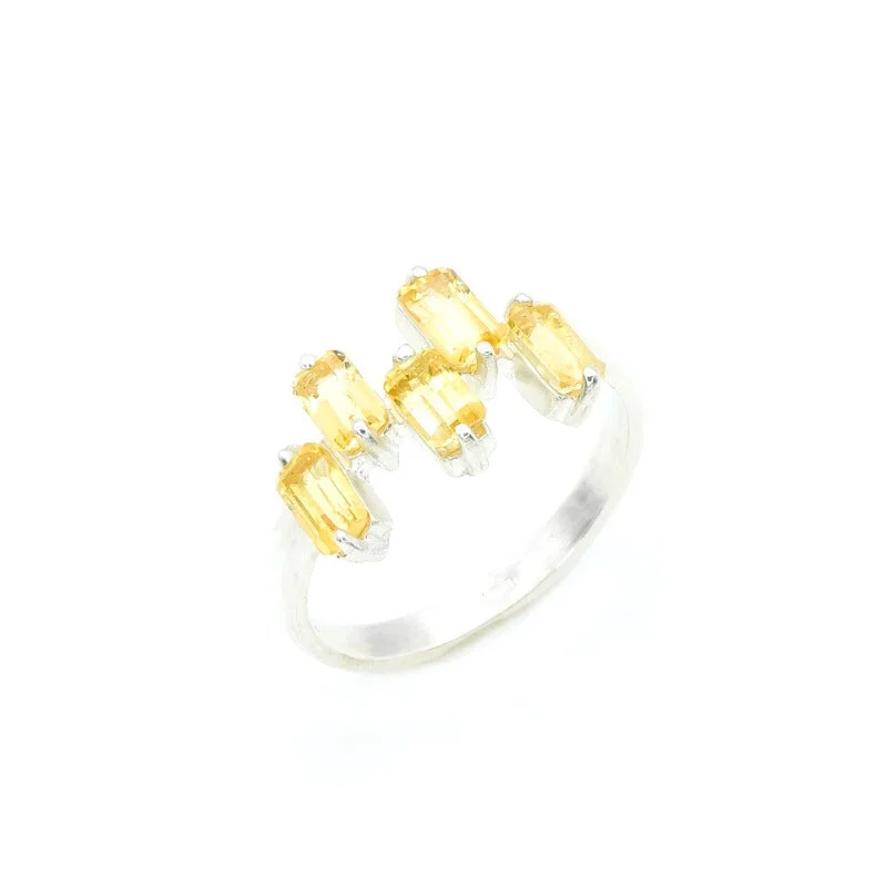 Modern rings for women -Silver Citrine Ring - Natural Citrine Ring - Yellow Baguette Band