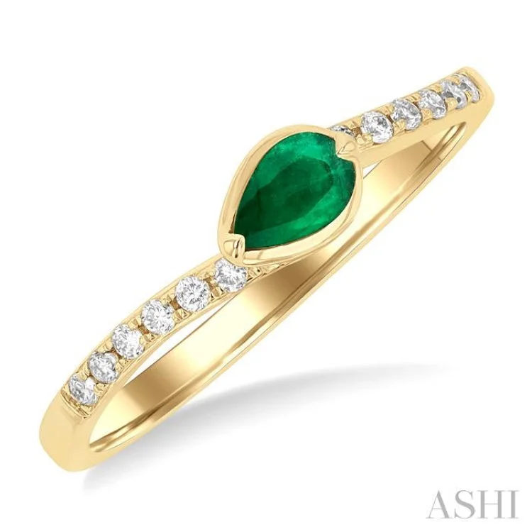 Unique engagement rings with diamonds for women -5x3 MM Pear Cut Emerald and 1/10 ctw Round Cut Diamond East-West Set Precious Ring in 14K Yellow Gold