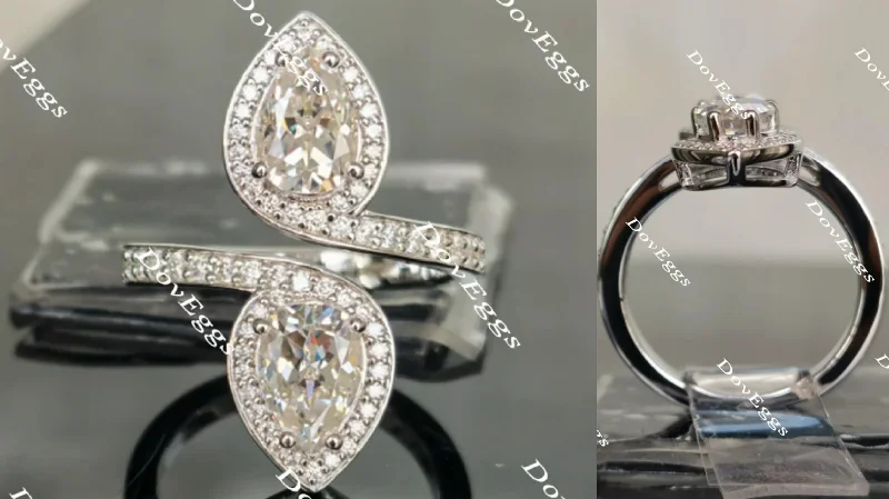 Engagement rings with side diamonds for women -DovEggs pear halo moissanite engagement ring