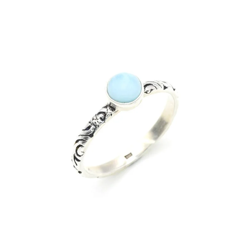 Solitaire rings for women -Larimar Ring - Sky Blue Ring - Engraved Tribal Ring