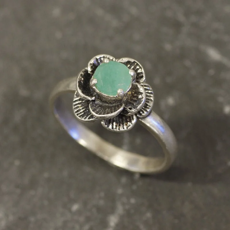 Elegant gemstone rings for women -Emerald Flower Ring - Silver Rose Ring - May Birthstone Ring