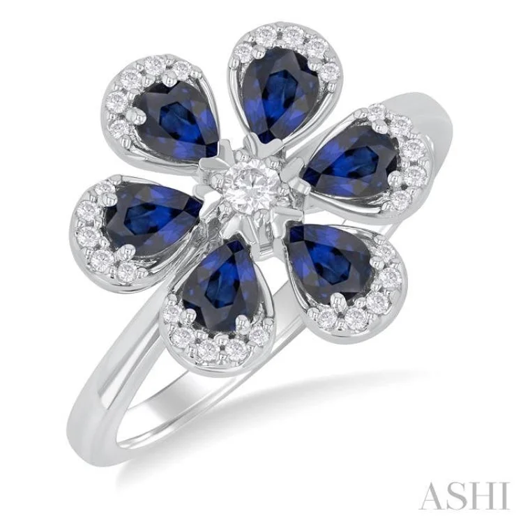 Unique engagement rings with diamonds for women -4X3 MM Pear Cut Floral Blossom Sapphire and 1/6 ctw Round Cut Diamond Precious Fashion Ring in 14K White Gold