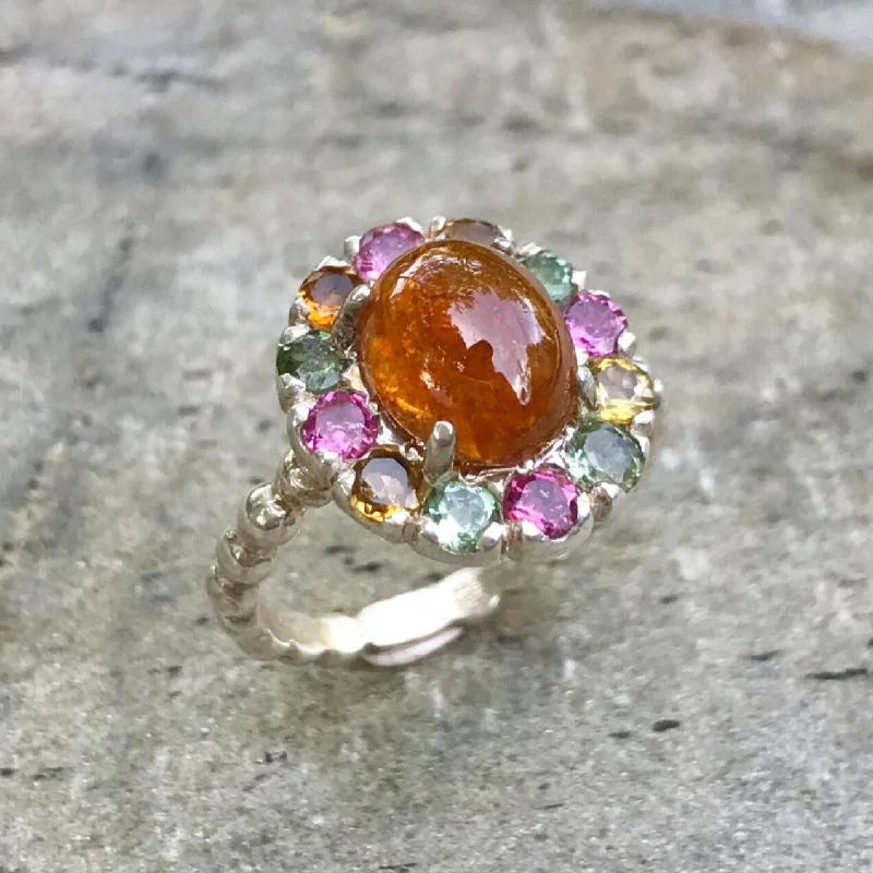 Large gemstone rings for women -Tourmaline Ring - Yellow Cocktail Ring - Vintage Flower Ring