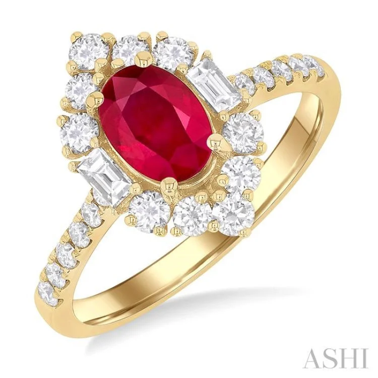 Three-stone engagement rings for women -7x5 MM Oval Cut Ruby & 5/8 ctw Baguette and Round Cut Diamond Halo Precious Ring in 14K Yellow Gold