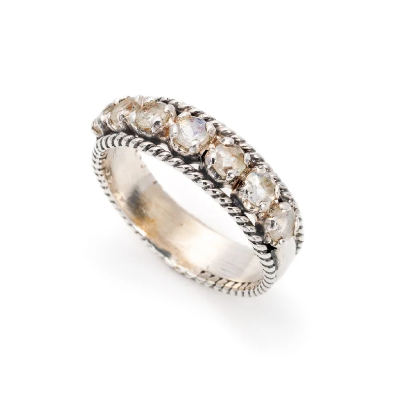 Sterling silver rings for women -Moonstone Ring - White Half Eternity Band - Rainbow Moonstone Ring