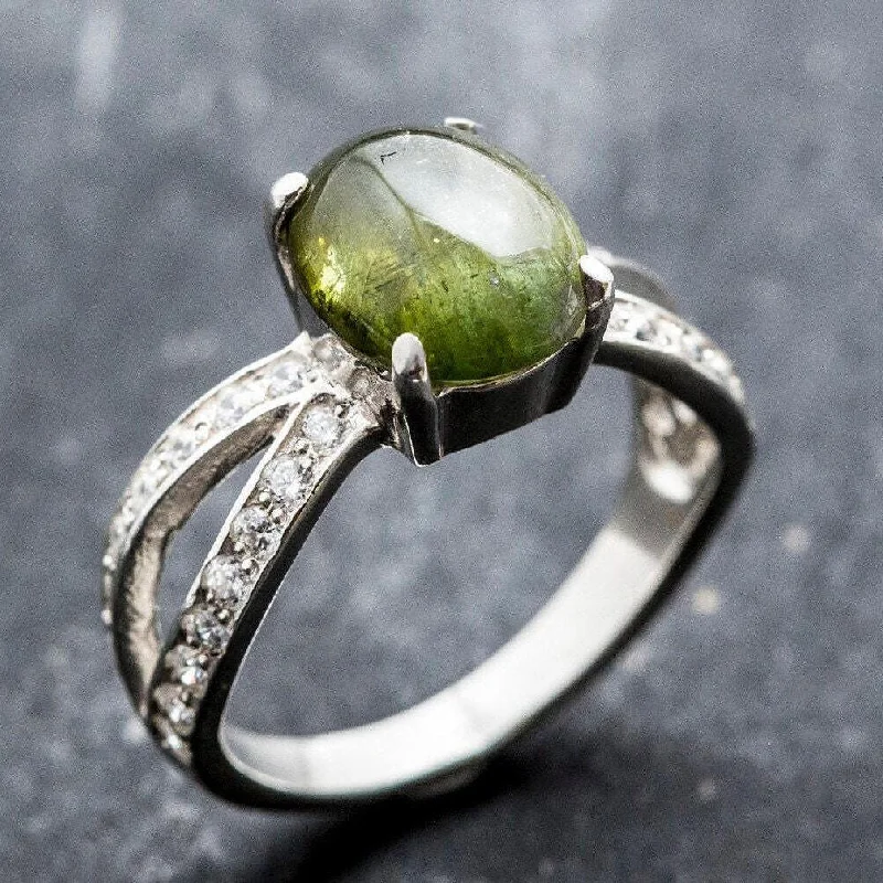 Dainty rings for women -Green Tourmaline Ring - Split Pave Band - Tourmaline Promise Ring