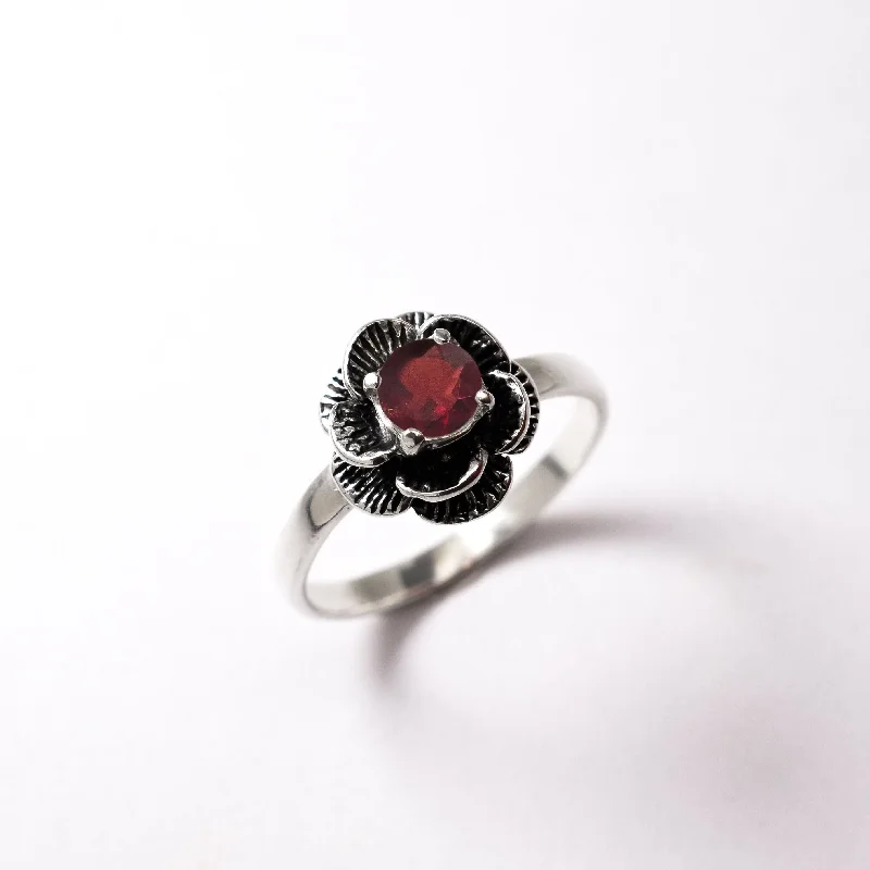 Elegant rings for women -Flower Garnet Ring - Red Rose Ring - Silver Flower Ring