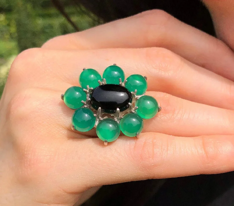 Custom couple rings for women -Onyx Flower Ring - Large Emerald Ring - Green Statement Ring