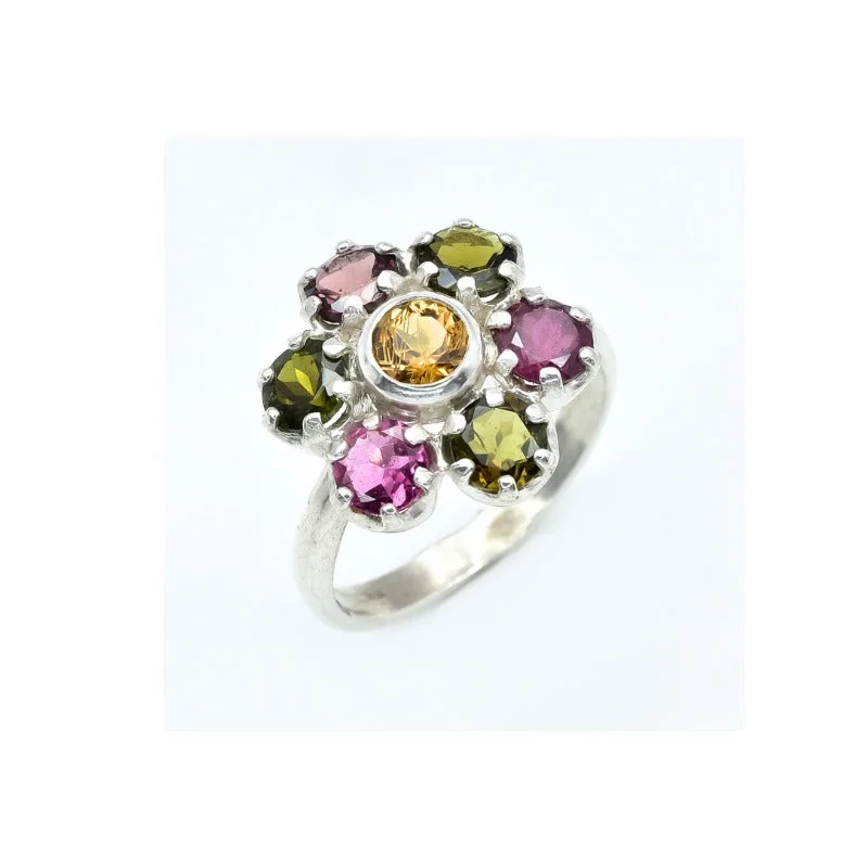 Emerald rings for women -Colorful Flower Ring - Natural Tourmaline Ring - Vintage Floral Ring