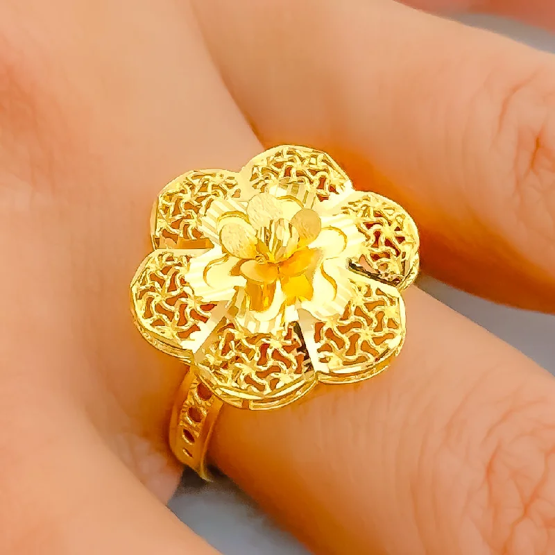 Custom rings with initials for women -Glistening Striped Flower 22K Gold Ring