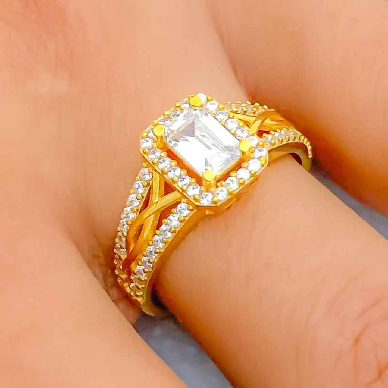 Unique rings for women -Twisted Ritzy 22k Gold CZ Ring w/ Solitaire Stone