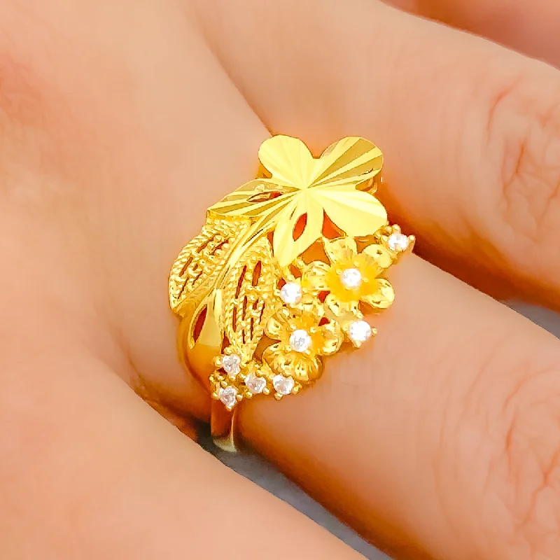 Stackable rings for women -Attractive Floral Bouquet 22K Gold CZ Ring