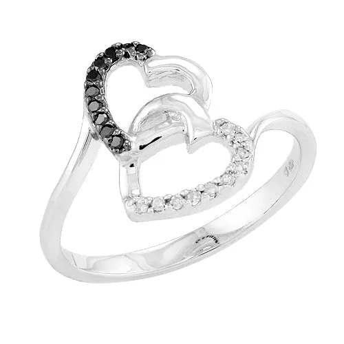 Platinum rings for women -Sterling Silver 0.10CTW BLACK DIA HEART RING