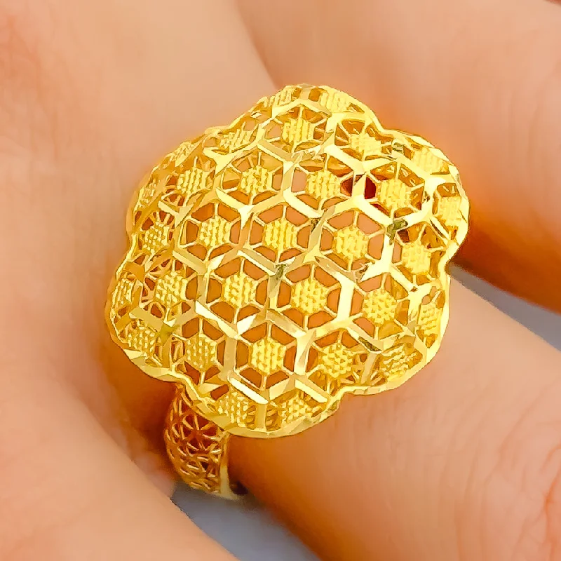 Large gemstone rings for women -Dressy Floral Mesh 22K Gold Ring