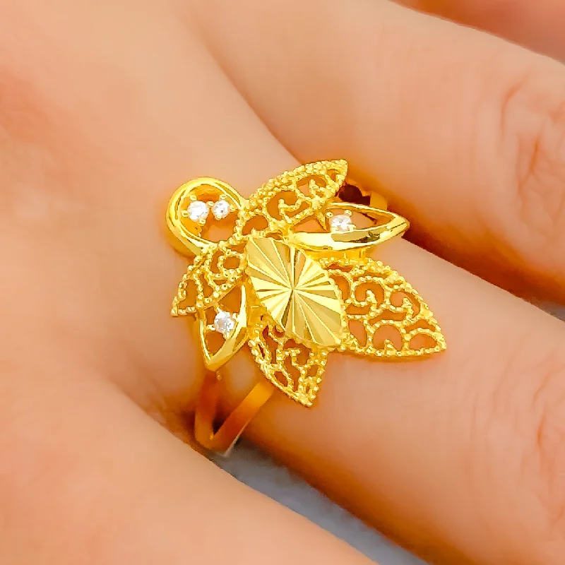 Adjustable rings for women -Radiant Upscale Filigree Leaf 22K Gold CZ Ring