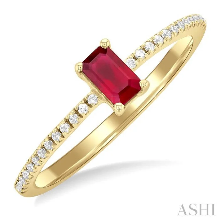 Pear-shaped engagement rings for women -5x3 MM Emerald Shape Ruby and 1/10 ctw Petite Round Cut Diamond Precious Fashion Ring in 10K Yellow Gold