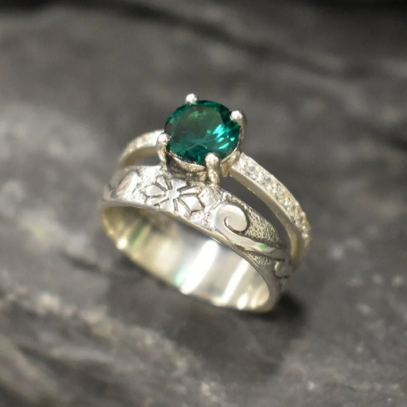 Personalized engagement rings for women -Vintage Emerald Ring - Double Band Silver Ring - Round Emerald Ring