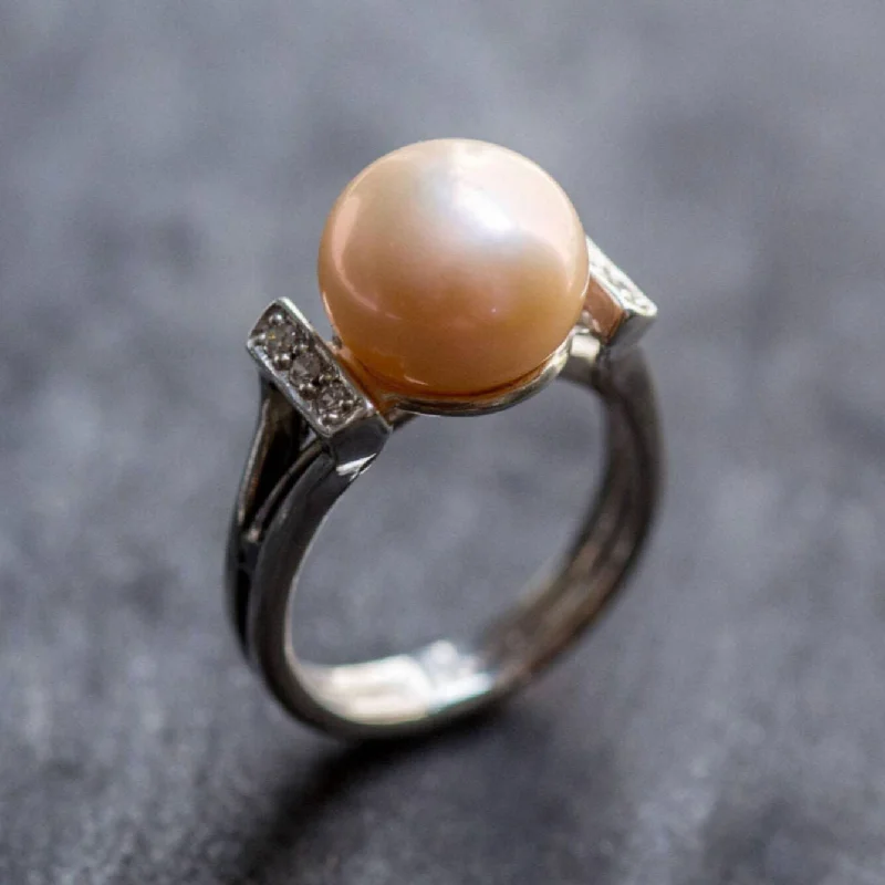 Wedding band rings for women -Silver Pearl Ring - Natural Pearl Ring - Vintage Beige Ring