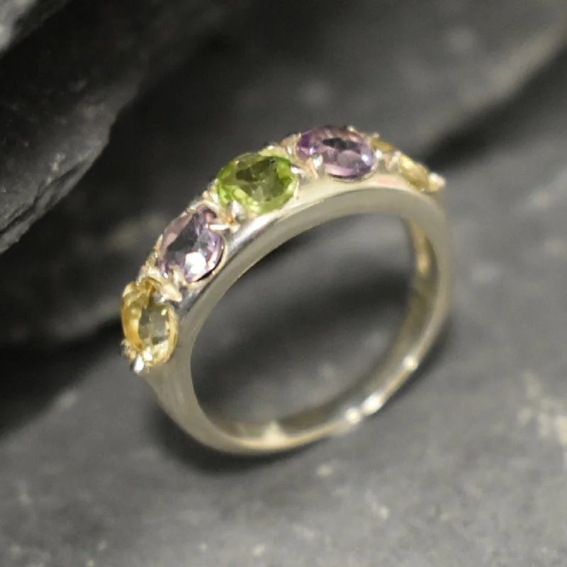 Cute rings for women -Thick Mutistone Band - Wide Birthstone Band, Peridot Amethyst Citrine Ring