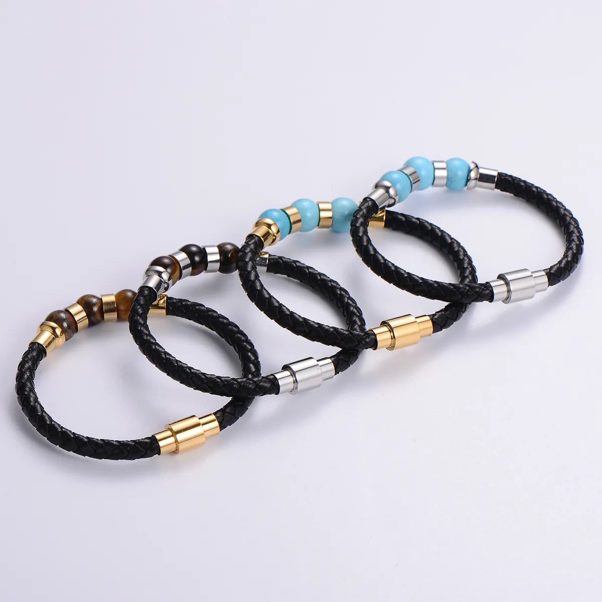 Simple leather bracelets for women -Casual Multicolor Stainless Steel Pu Leather Natural Stone Beaded Plating Braid 24k Gold Plated Wristband Bracelets