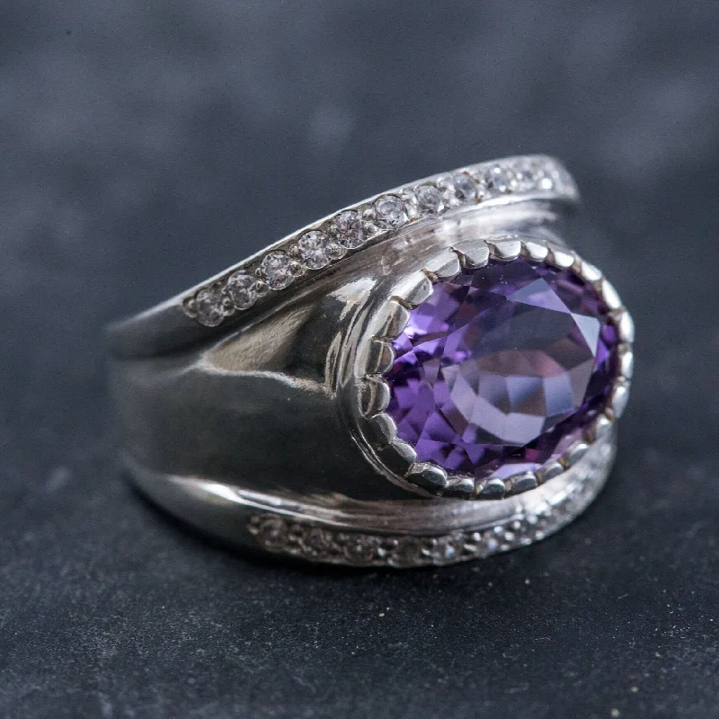 Sparkling diamond rings for women -Amethyst Statement Ring - Wide Silver Band - Purple Gemstone Ring