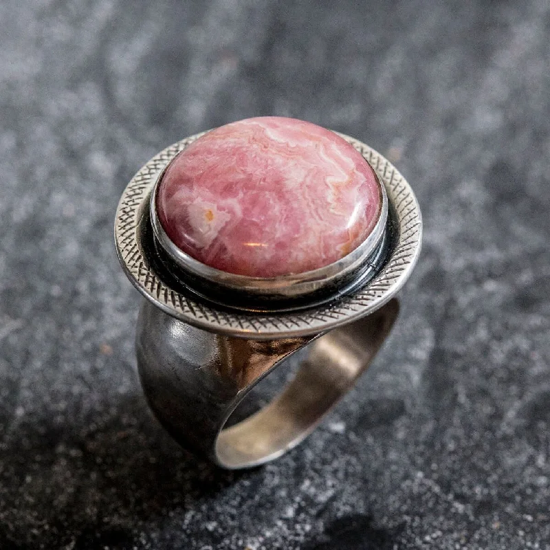 Engagement ring sets for women -Rhodochrosite Ring - Round Statement Ring - Large Pink Ring