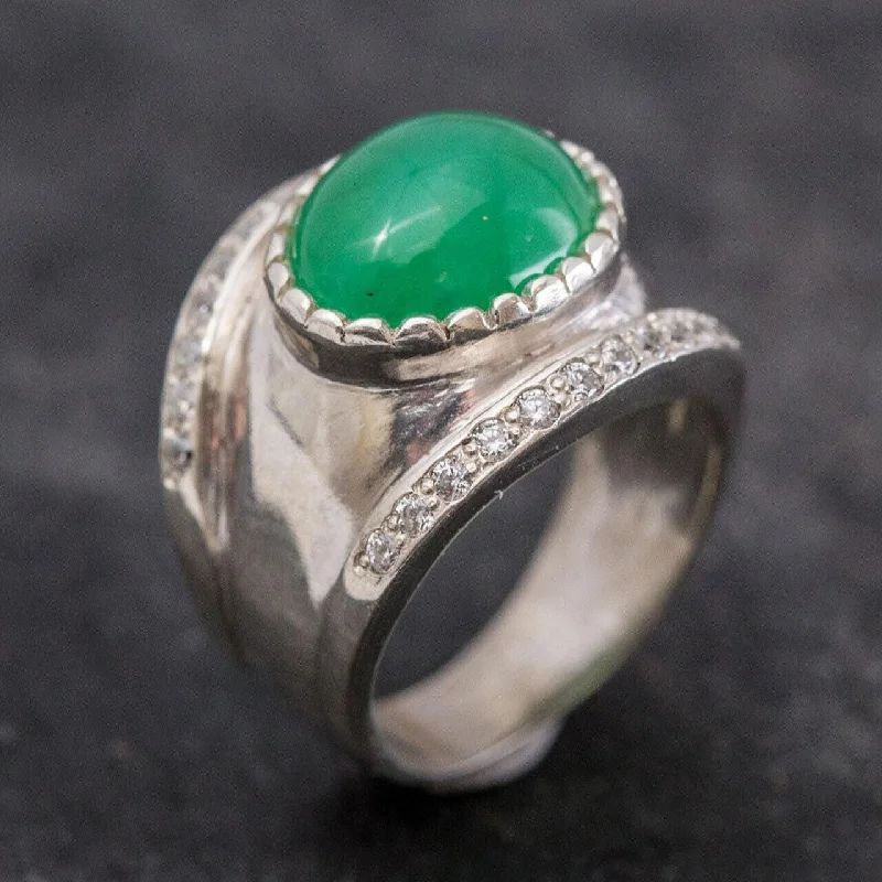 Luxury rings for women -Chrysoprase Statement Ring - Wide Silver Band - Vintage Chrysoprase Ring