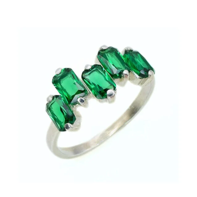 Stackable gold rings for women -Baguette Emerald Ring - Green Half Eternity Ring - Five Stone Ring