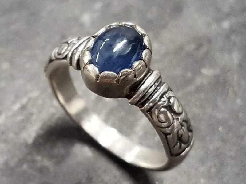 Promise rings with diamonds for women -Genuine Sapphire Ring - Blue Solitaire Ring - Vintage Tribal Band