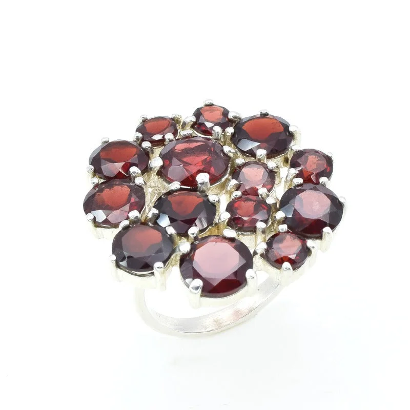 Gold rings for women -Garnet Flower Ring - Statement Garnet Ring - Cluster Silver Ring