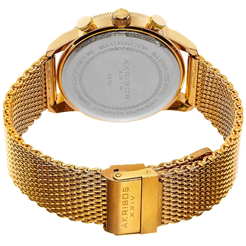 Multi-strand bracelets for women -Akribos XXIV Men's Swiss Quartz Multifunction Dual Time Stainless Steel Mesh Gold-Tone Bracelet Watc