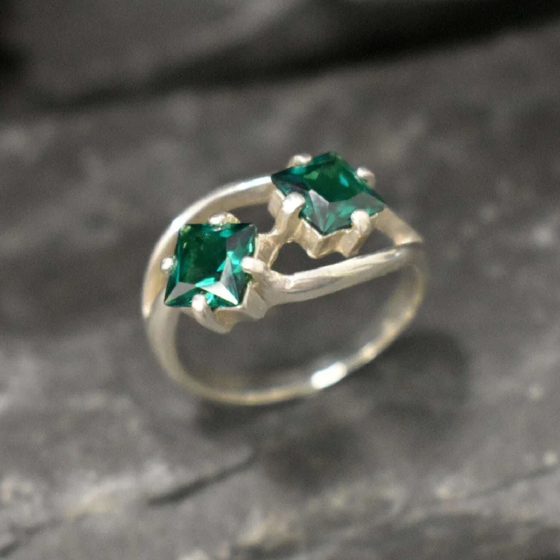 Gold-plated rings for women -Twin Emerald Ring - Green Square Rings,  Unique Green Earrings