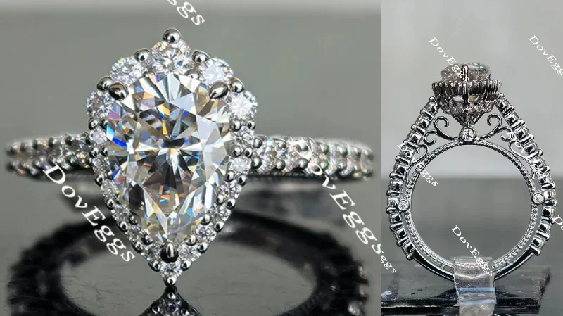 Double halo engagement rings for women -Doveggs flower shape halo pear moissanite engagement ring