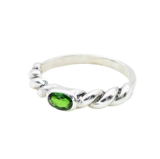 Luxury gemstone rings for women -Chrome Diopside Ring - Green Bezel Ring - Twisted Silver Band