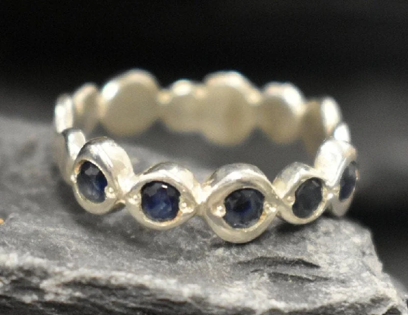 Silver engagement rings for women -Blue Half Eternity Ring - Natural Sapphire Ring - September Birthstone Ring