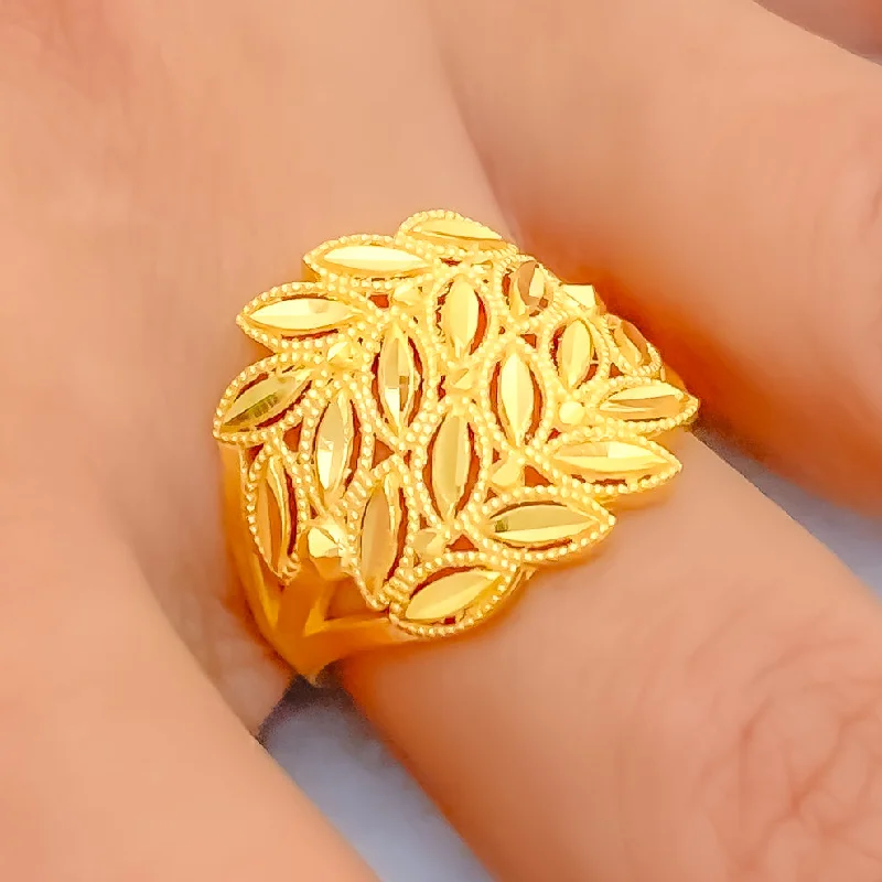 Round-cut rings for women -Opulent 21k Gold Leaf Ring