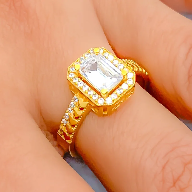 Chunky rings for women -Beautiful Heart Accented 22k Gold CZ Ring w/ Solitaire Stone