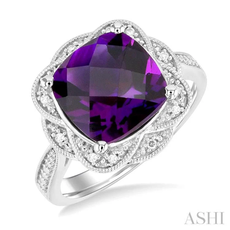 Antique-style engagement rings for women -1/20 ctw Cushion Shape 10X10 MM Amethyst and Round Cut Diamond Semi Precious Ring in Sterling Silver