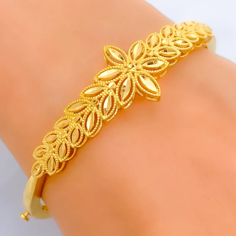 Elegant charm bracelets for women -Classic Dazzling 22k Gold Floral Bangle Bracelet