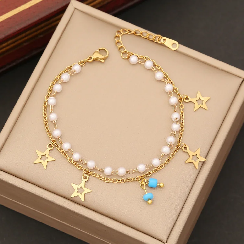 Luxury cuff bracelets for women -Simple Style Commute Cross Four Leaf Clover Flower Stainless Steel Artificial Pearl Beaded Layered Plating Bracelets