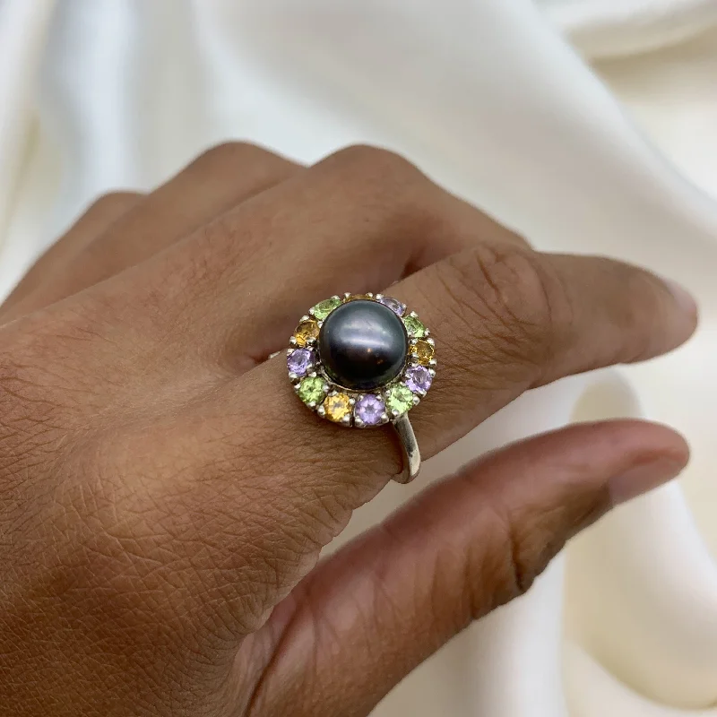 Modern gold rings for women -Victorian Black Pearl Ring - Natural Black Pearl Ring - Flower Pearl Ring