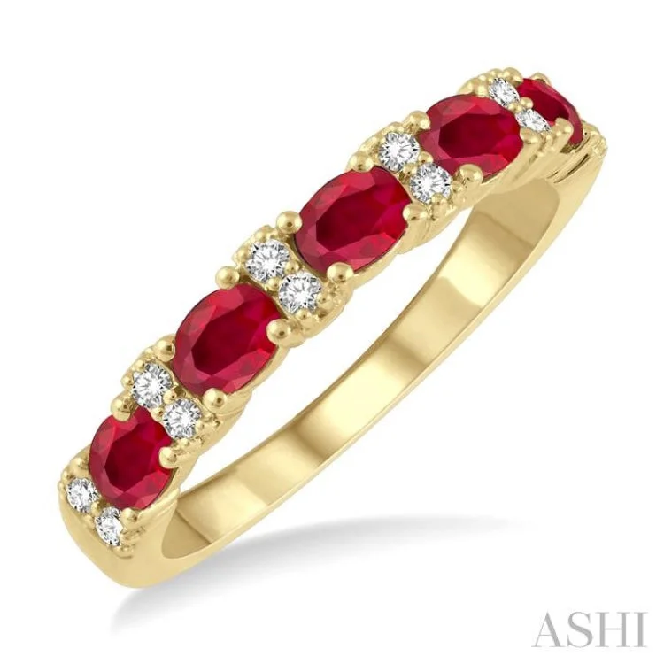 Custom gemstone engagement rings for women -4x3 MM Oval Shape Ruby and 1/6 ctw Round Cut Diamond Precious Band in 14K Yellow Gold